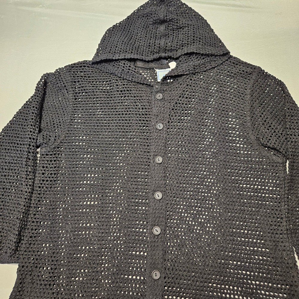 Baja Blue Crochet Cardigan Womens Medium Black Hooded Button Front Cotton Mesh